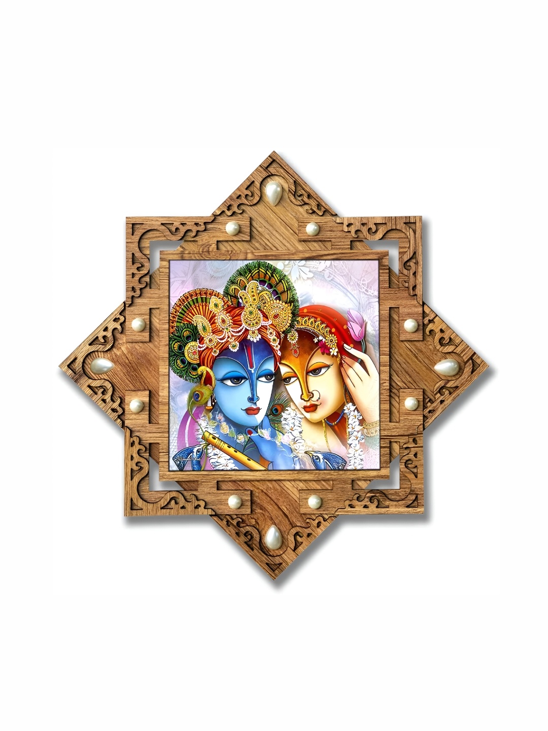 

PnF Brown & White Radha Krishna Religious Wooden Painting Wall Art