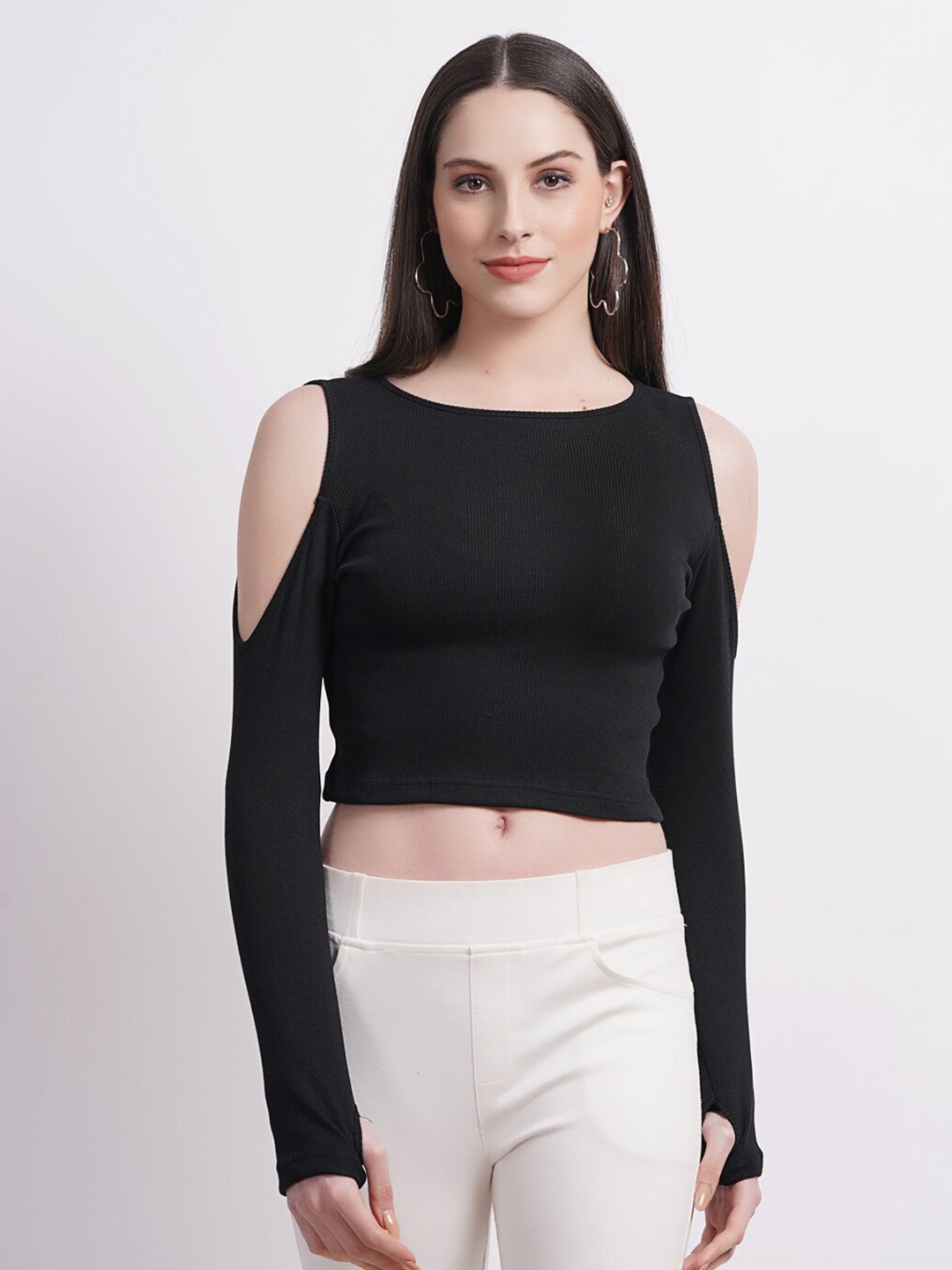 

SIGHTBOMB Cold-Shoulder Cotton Crop Top, Black