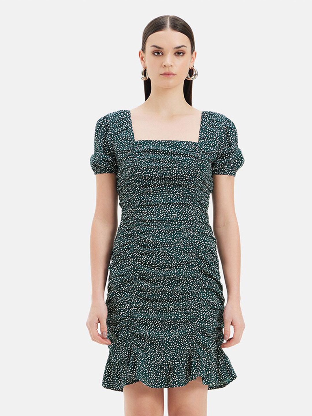 

Kazo Print Puff Sleeve Ruffled Crepe Sheath Dress, Green