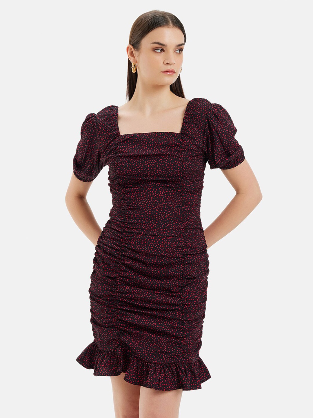 

Kazo Puff Sleeve Ruffled Crepe Sheath Dress, Black