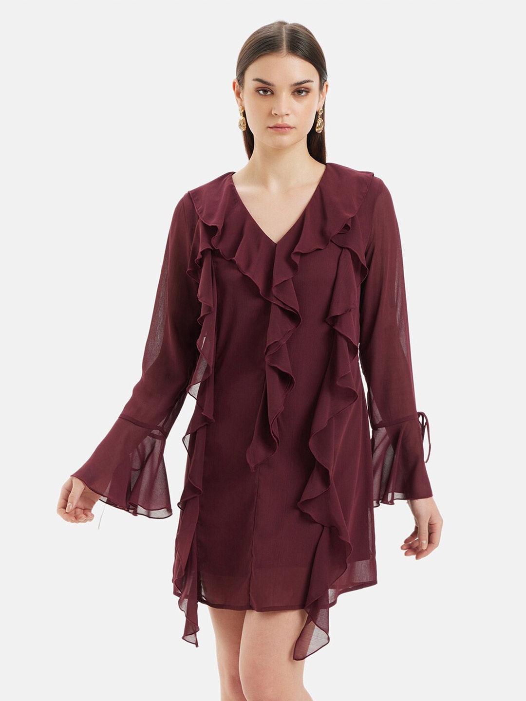 

Kazo Bell Sleeve Ruffled Chiffon A-Line Dress, Maroon
