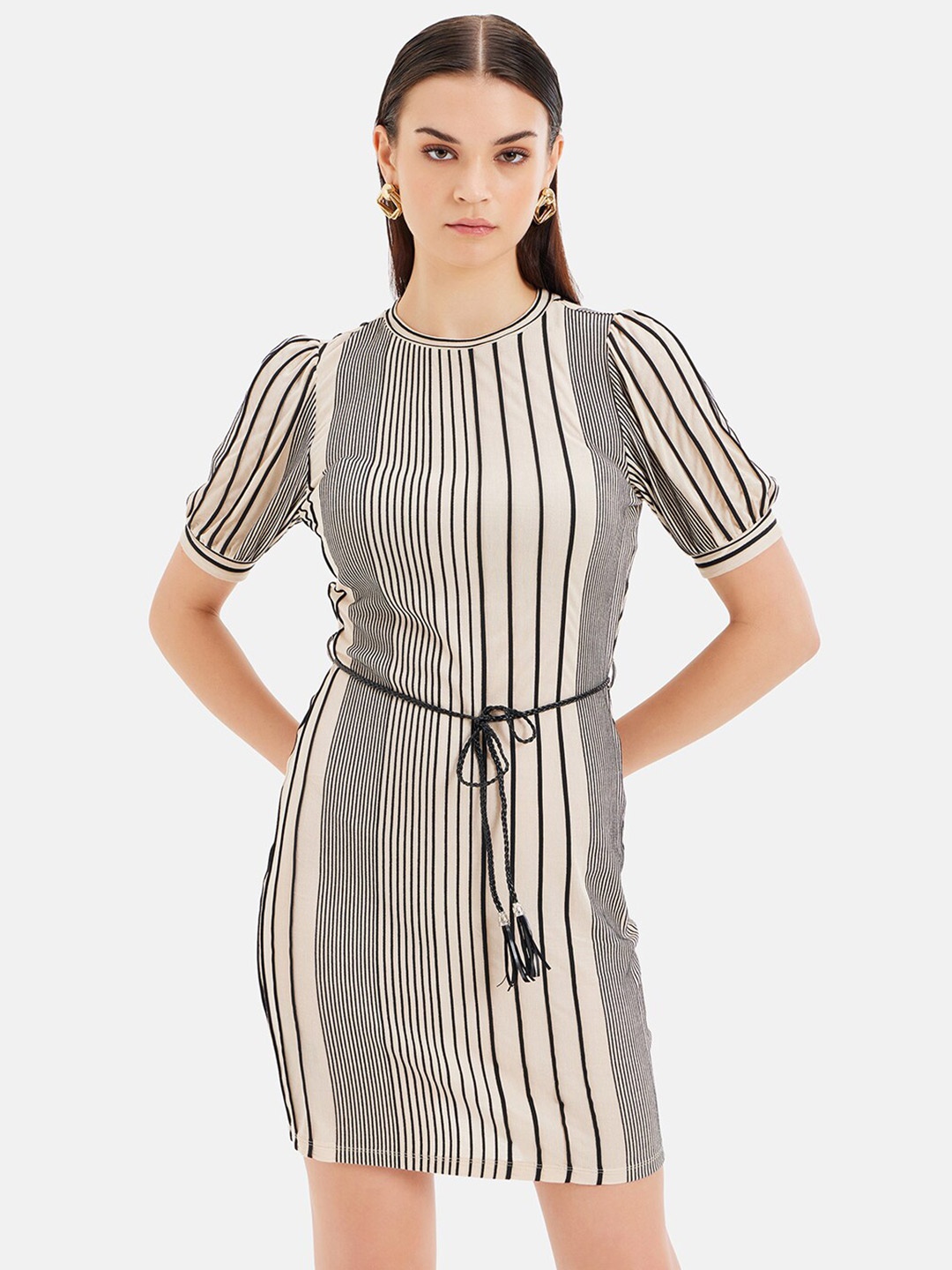 

Kazo Striped Puff Sleeve Formal Sheath Dress, Beige