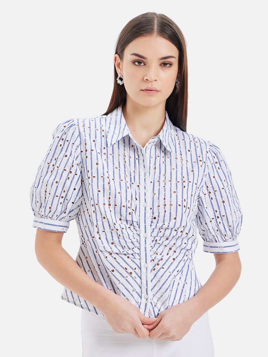 

Kazo Women Opaque Striped Formal Shirt, Blue
