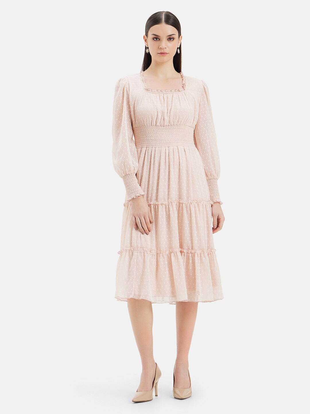 

Kazo Puff Sleeve Fit & Flare Midi Dress, Peach