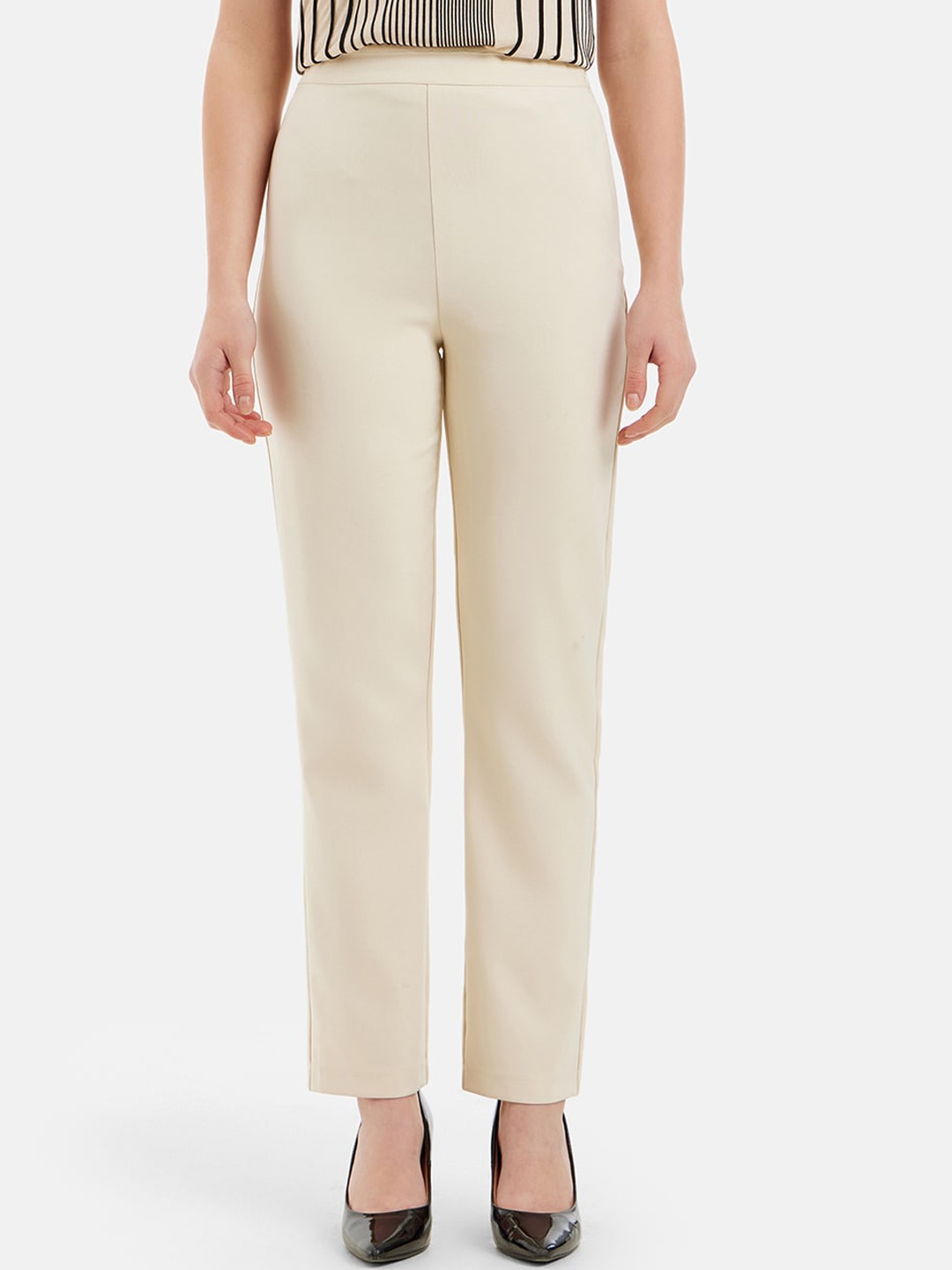 

Kazo Women Comfort Tapered Fit High-Rise Easy Wash Formal Trousers, Beige