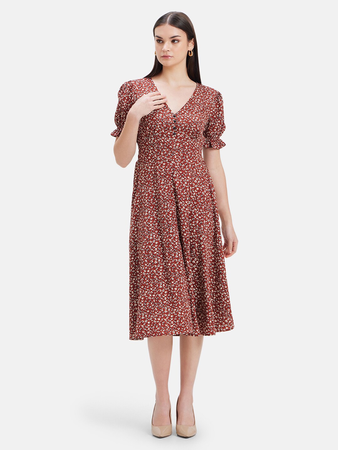 

Kazo Floral Print Crepe Fit & Flare Midi Dress, Brown