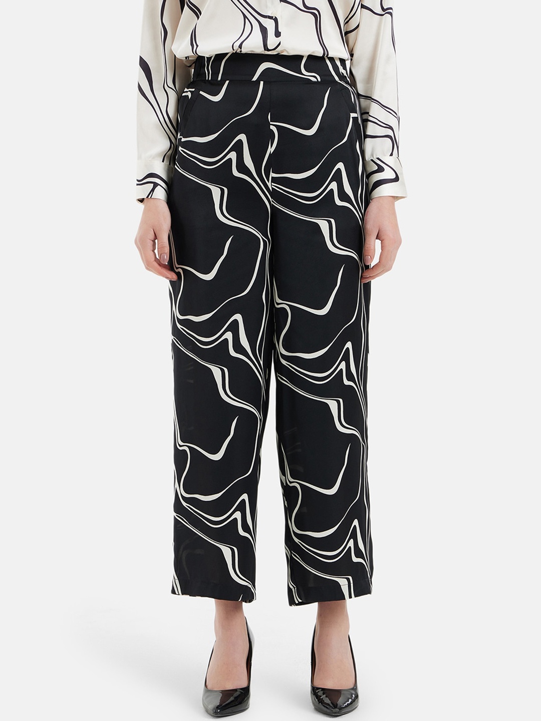 

Kazo Women Printed Comfort High-Rise Easy Wash Trousers, Black
