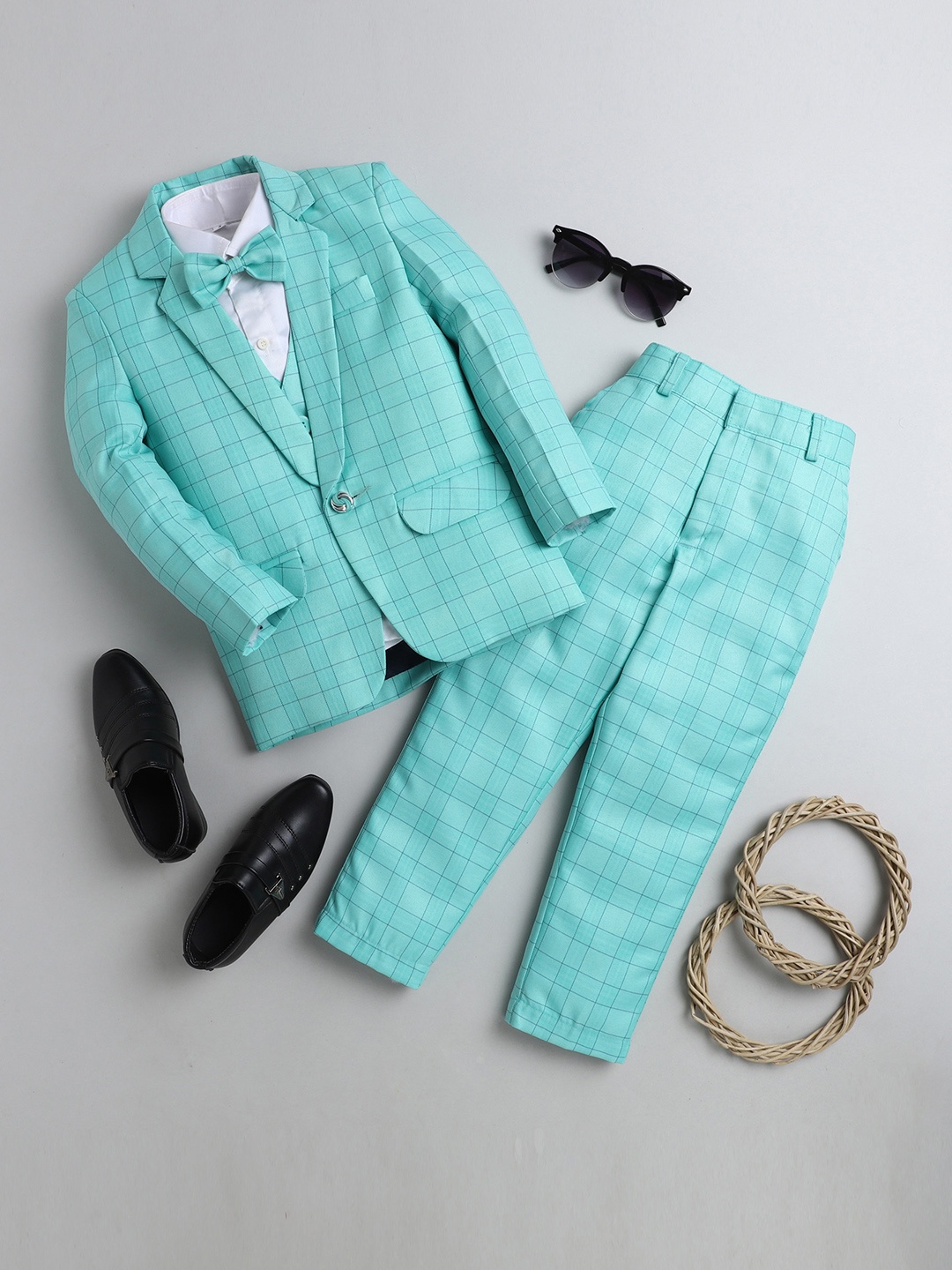 

BAESD Boys Checked 4-Piece Party Suits, Sea green