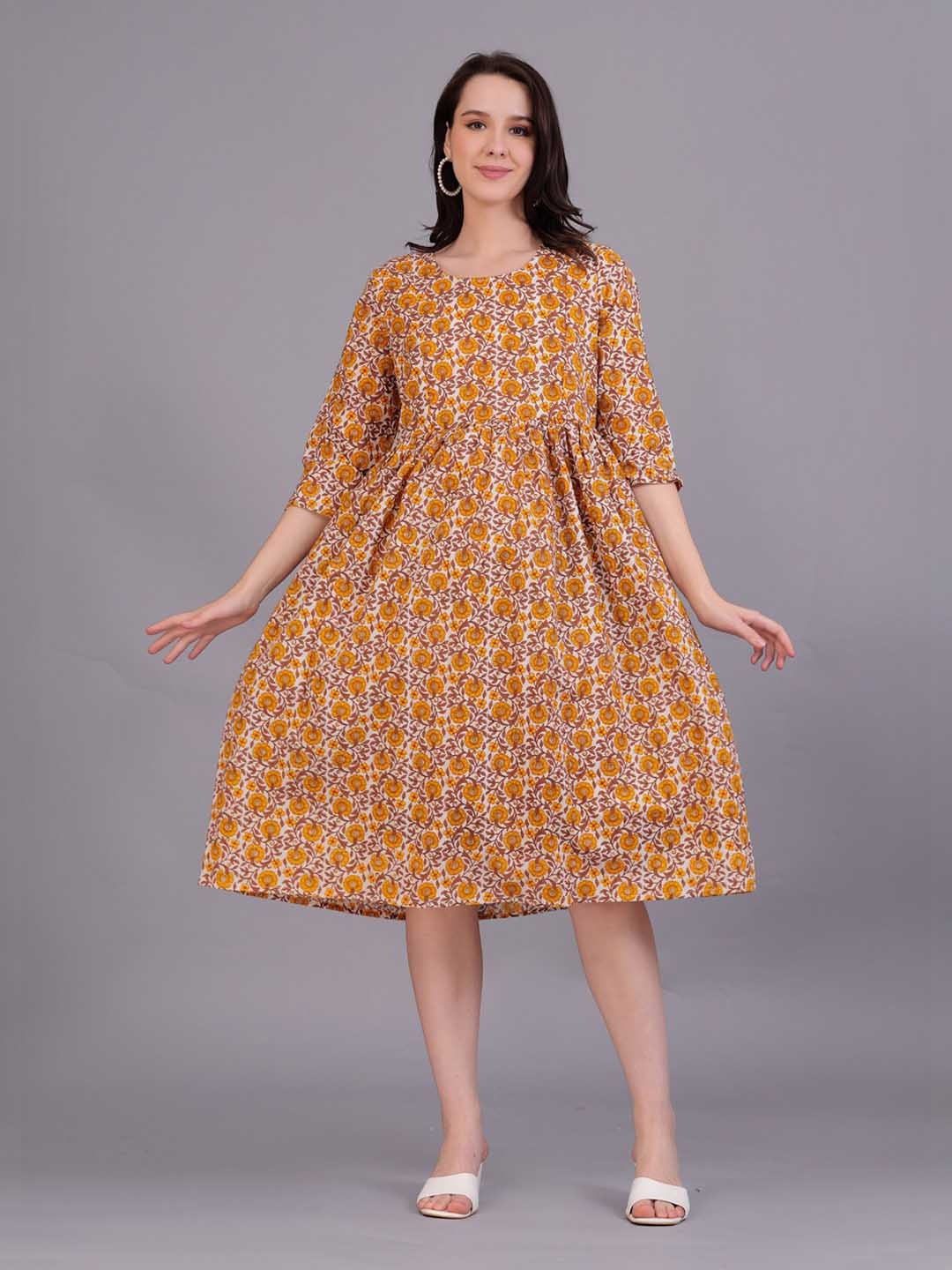 

The Kurta Express Printed Cotton Maternity A-Line Dress, Mustard