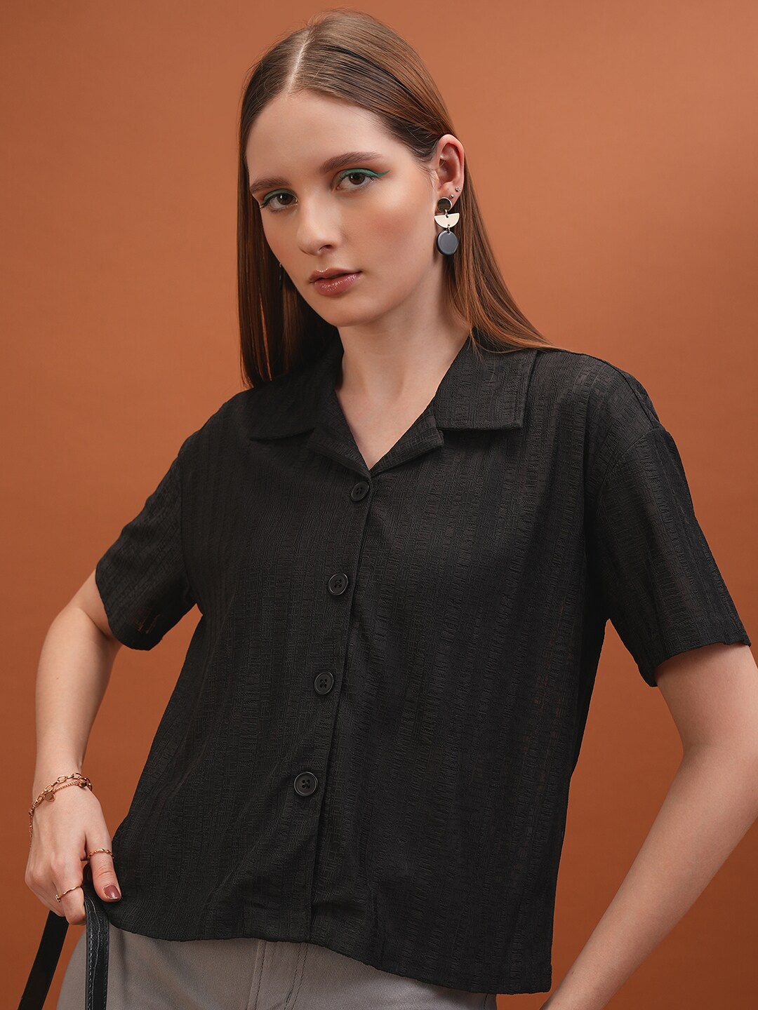 

Tokyo Talkies Drop Shoulder Sleeves Cuban Collar Shirt Style Top, Black