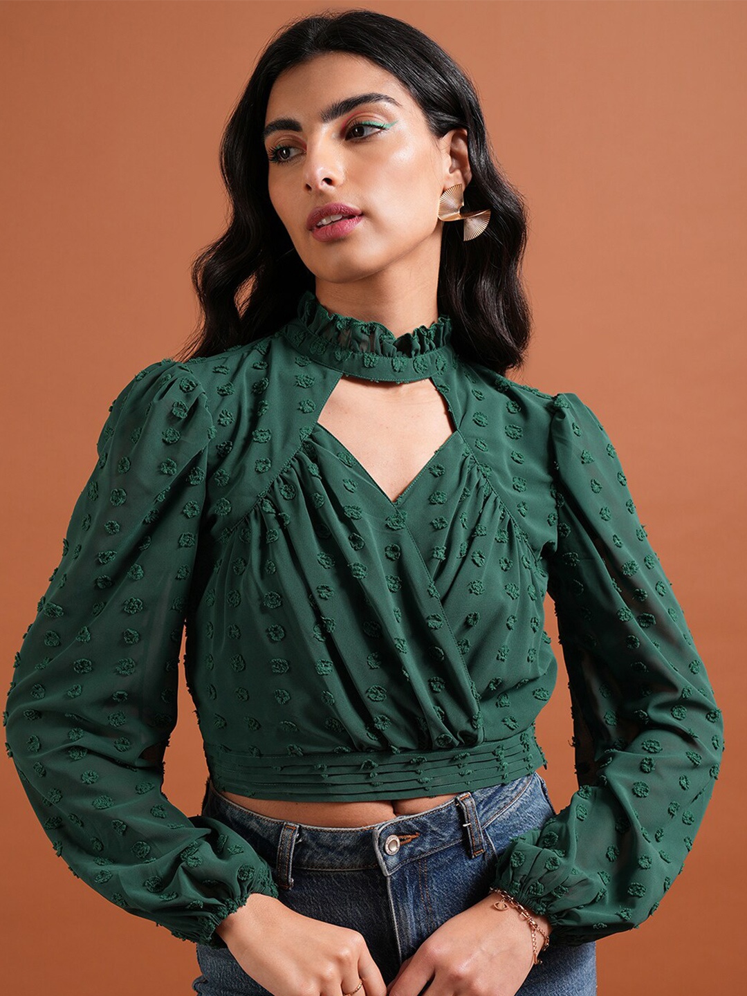 

Tokyo Talkies Puff Sleeve Wrap Crop Top, Green
