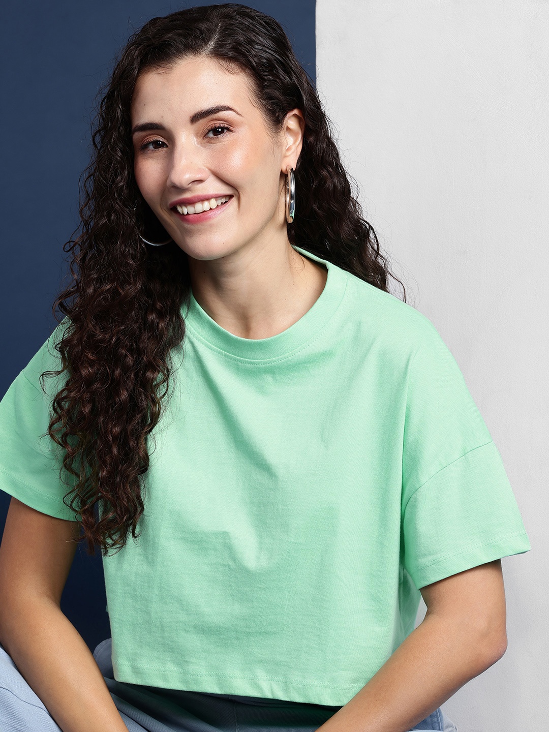 

Mast & Harbour Drop-Shoulder Sleeves Oversized Bio Finish Pure Cotton Crop T-shirt, Sea green