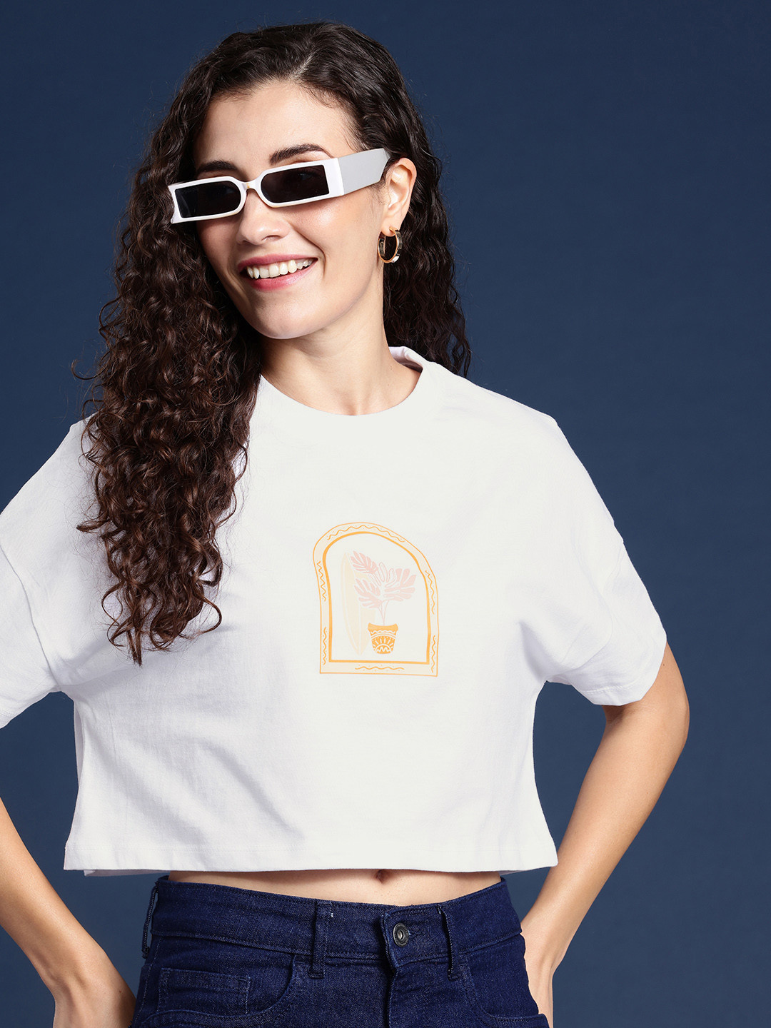 

Mast & Harbour Printed Drop-Shoulder Sleeves Oversized Bio Finish Pure Cotton Crop T-shirt, White