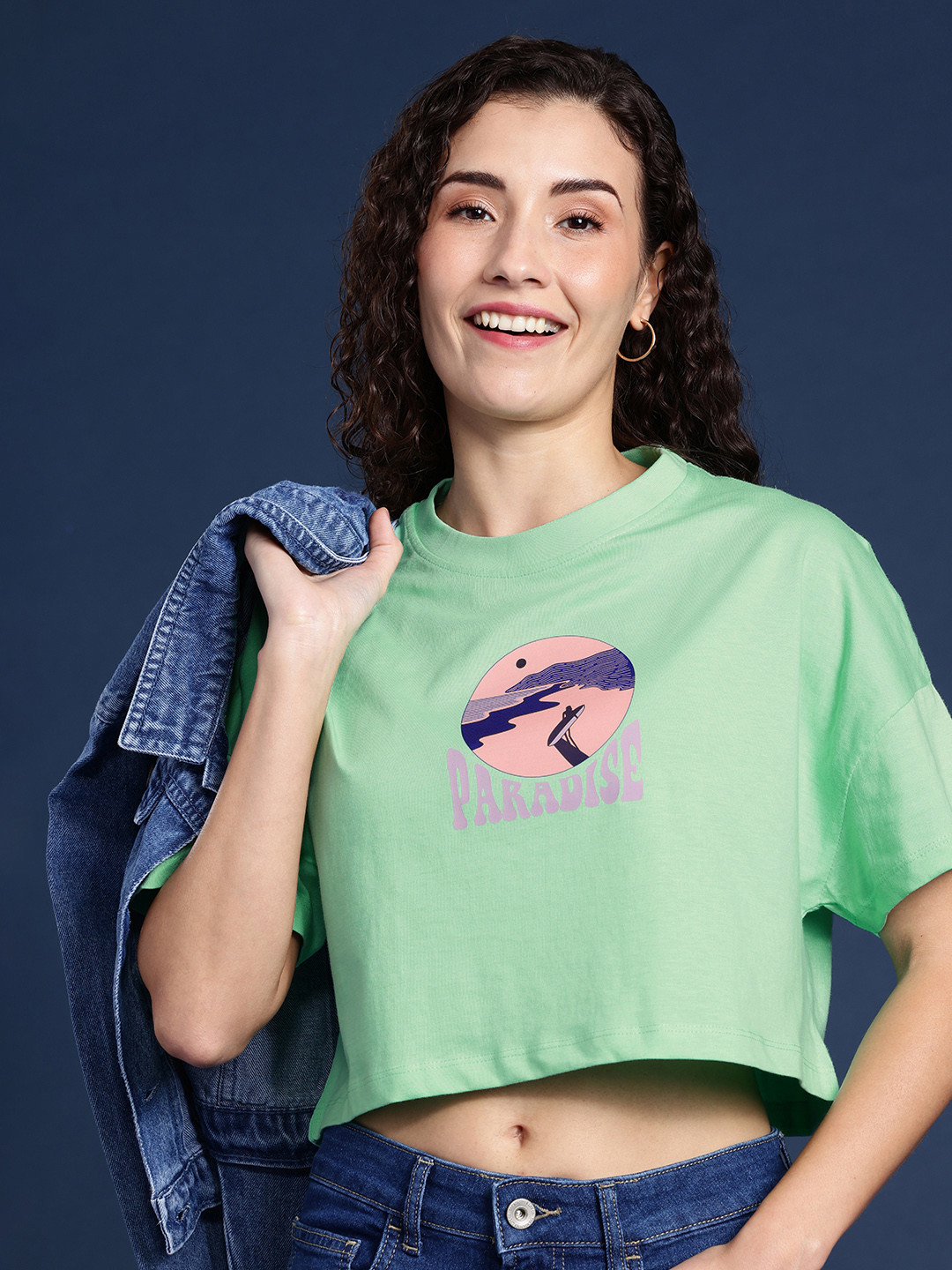 

Mast & Harbour Printed Drop-Shoulder Sleeves Oversized Bio Finish Pure Cotton Crop T-shirt, Green