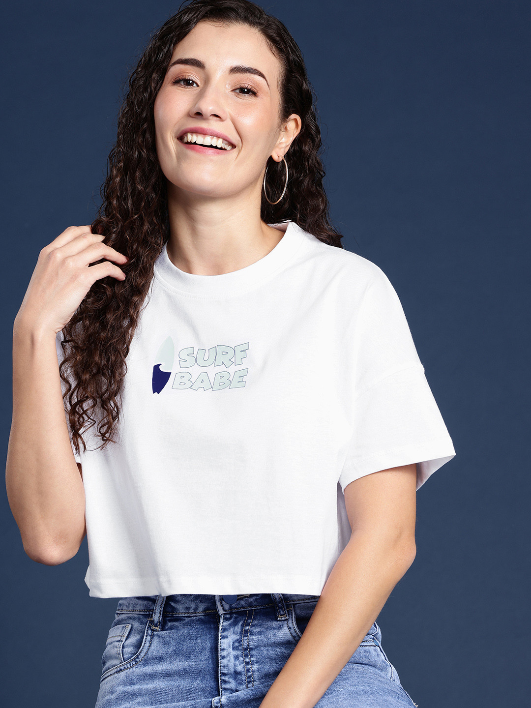 

Mast & Harbour Printed Drop-Shoulder Sleeves Oversized Bio Finish Pure Cotton Crop T-shirt, White