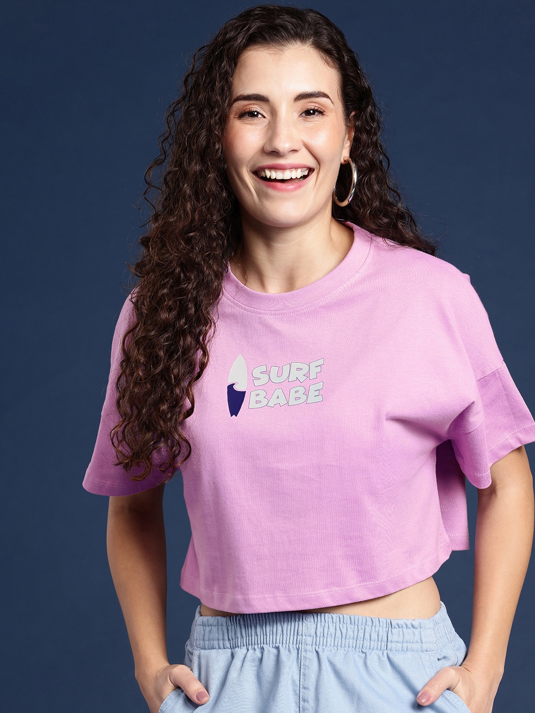 

Mast & Harbour Printed Drop-Shoulder Sleeves Oversized Bio Finish Pure Cotton Crop T-shirt, Lavender