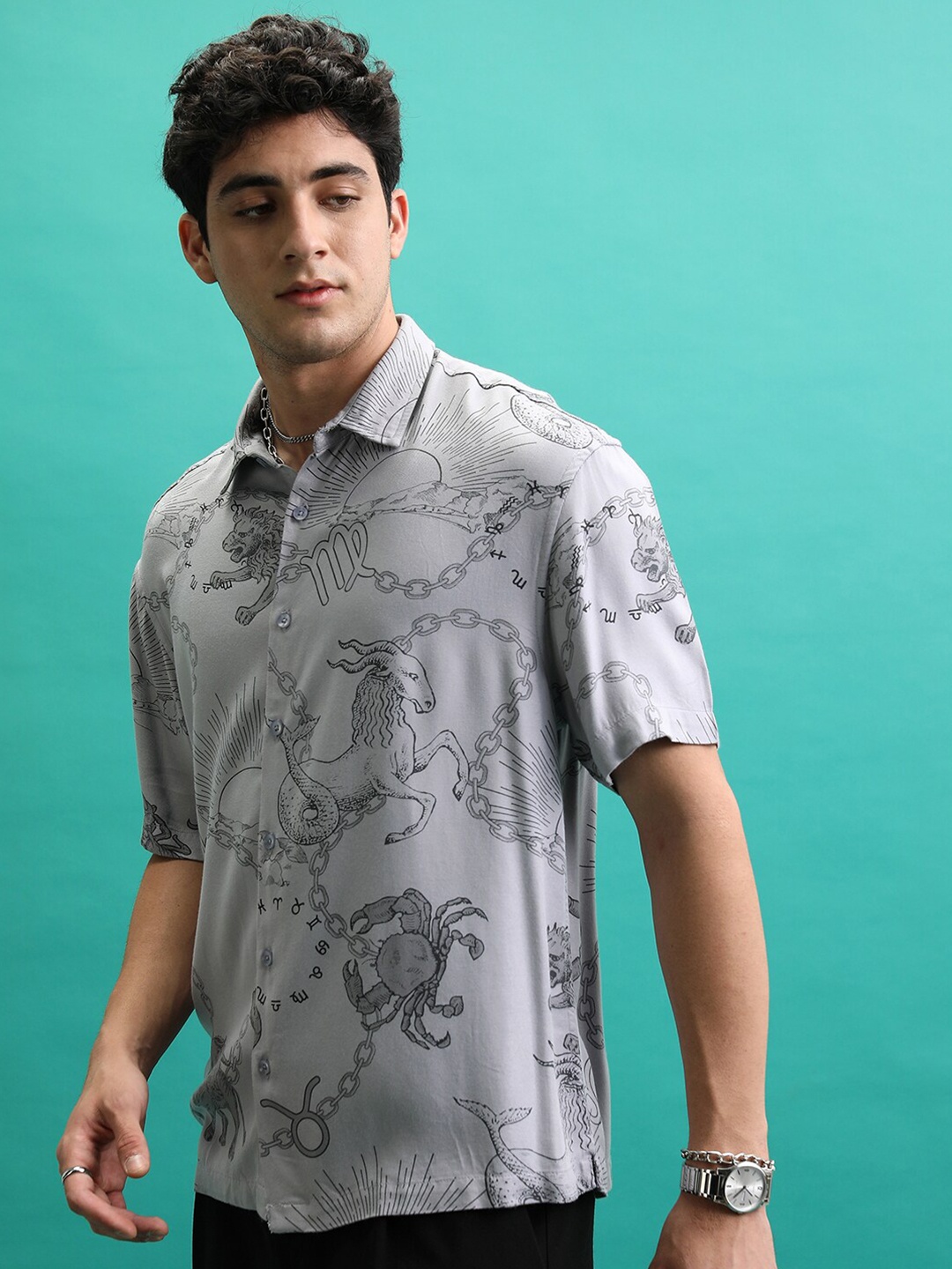 

Ketch Men All over Printed Oversized Printed Shirt, Grey