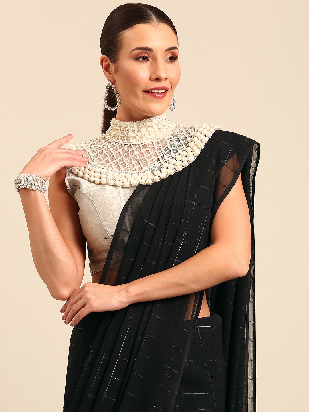 

MAHALASA Checked Sequinned Pure Georgette Saree with Necklace, Black