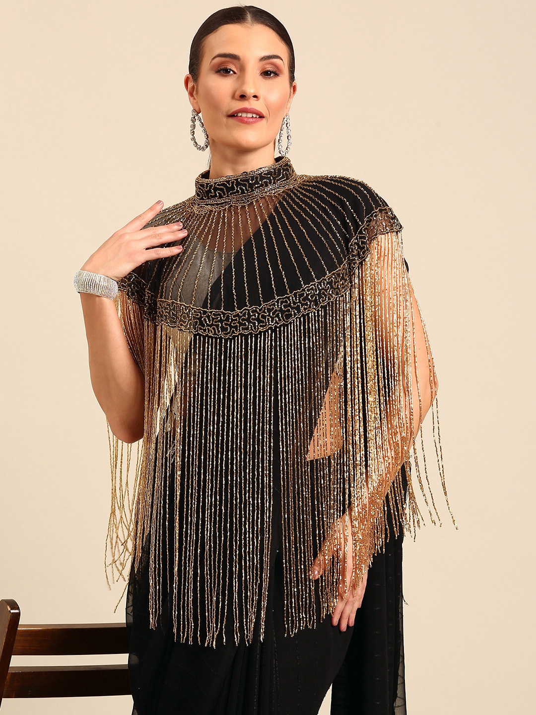 

MAHALASA Checked Sequinned Pure Georgette Saree with Poncho Necklace, Black