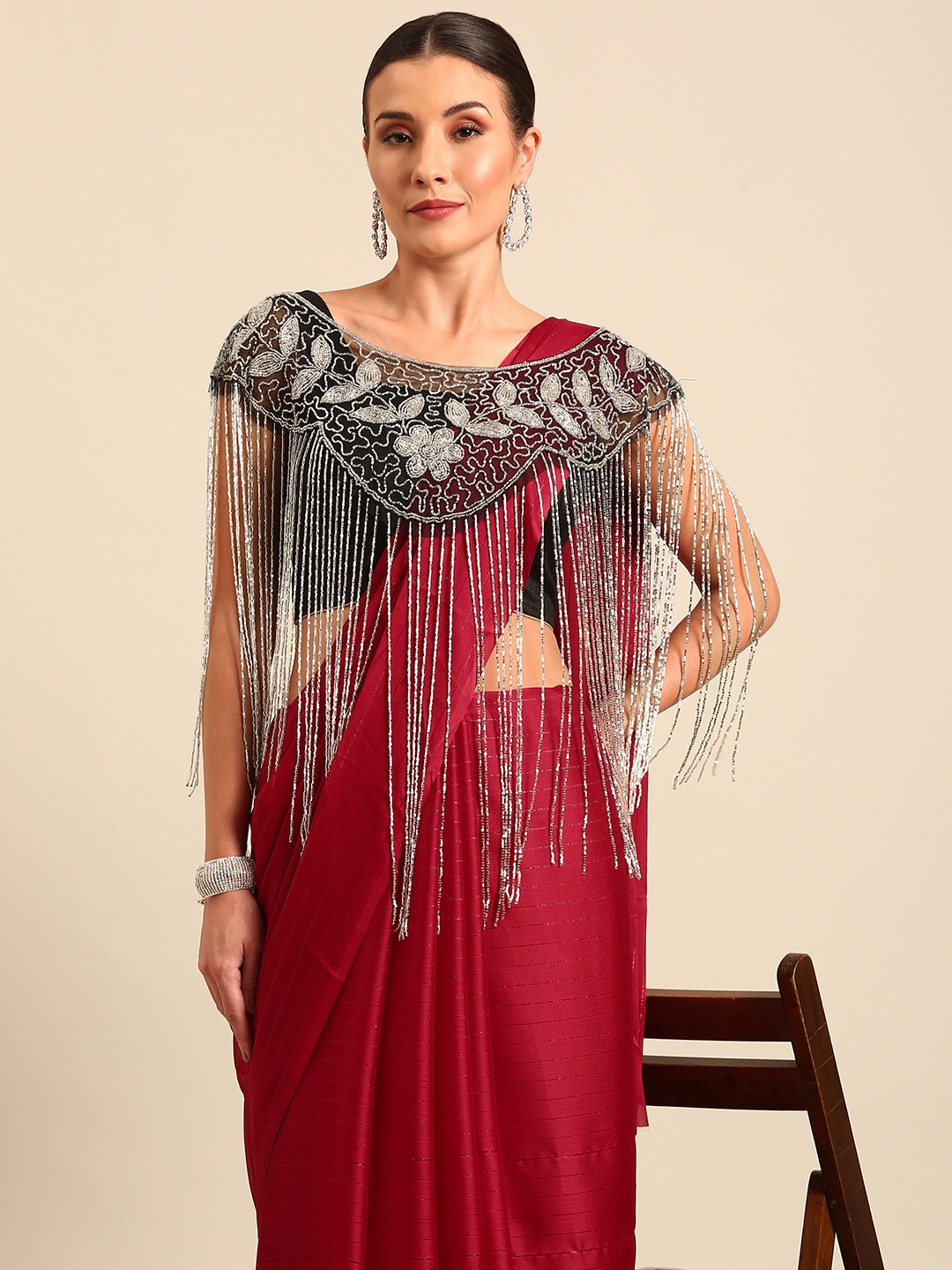 

MAHALASA Striped Pure Chiffon Saree with Poncho Necklace, Maroon