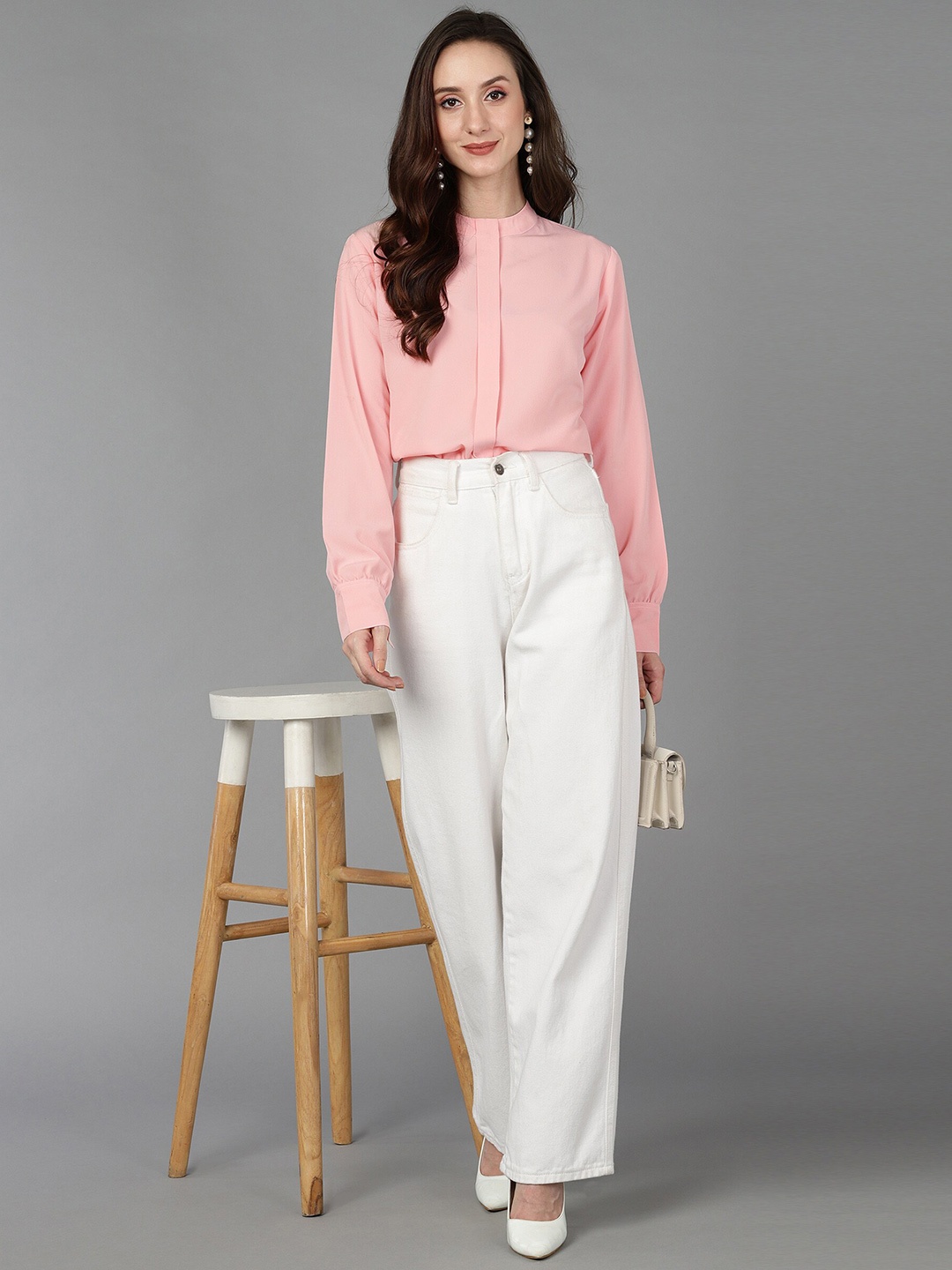 

Adyavastram High Neck Cuffed Sleeves Georgette Shirt Style Top, Pink