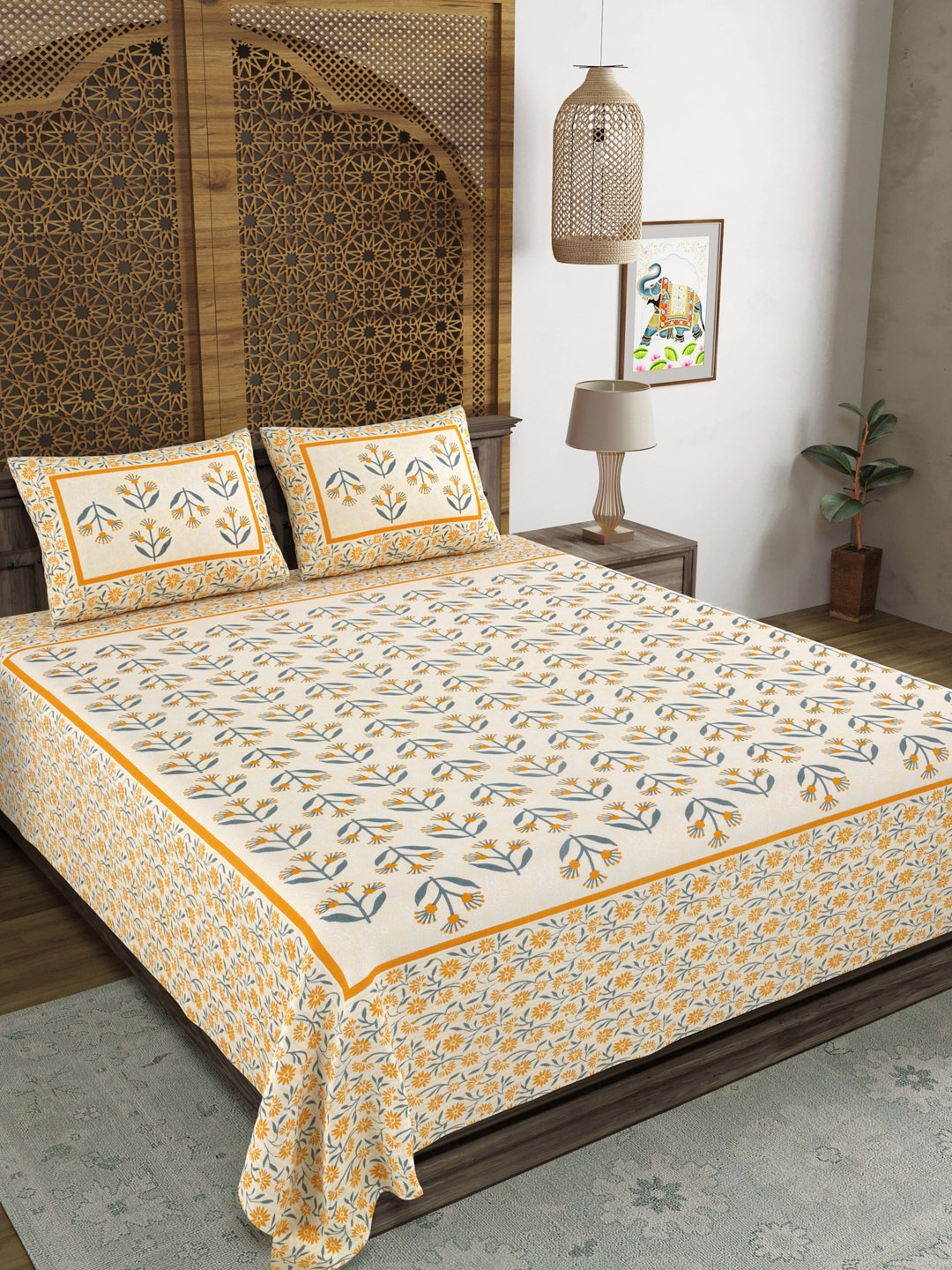 

Sangria Cream Coloured Printed Cotton 210 TC King Bedsheet With 2 Pillow Covers