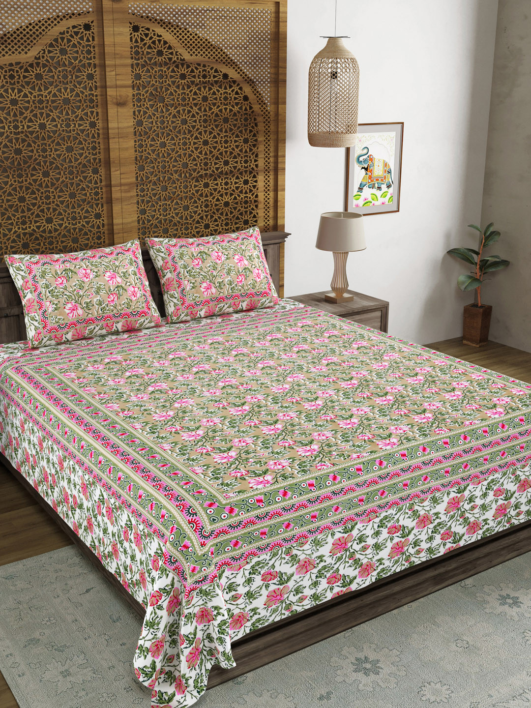 

Sangria Pink & Green Printed Cotton 210 TC King Bedsheet With 2 Pillow Covers