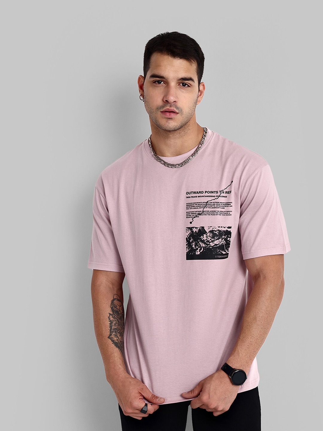 

TOMHIDDLE Graphic Printed Round Neck Short Sleeves Cotton Oversized T-shirt, Pink