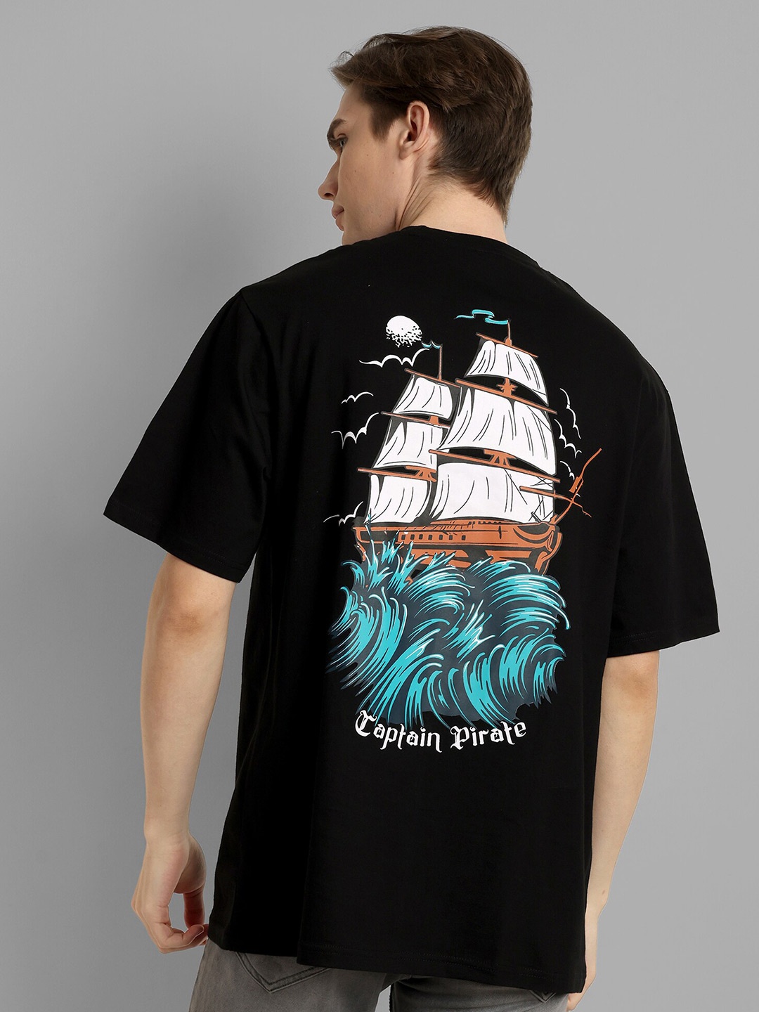 TOMHIDDLE Men Printed Drop-Shoulder Sleeves Pure Cotton T-shirt, Black
