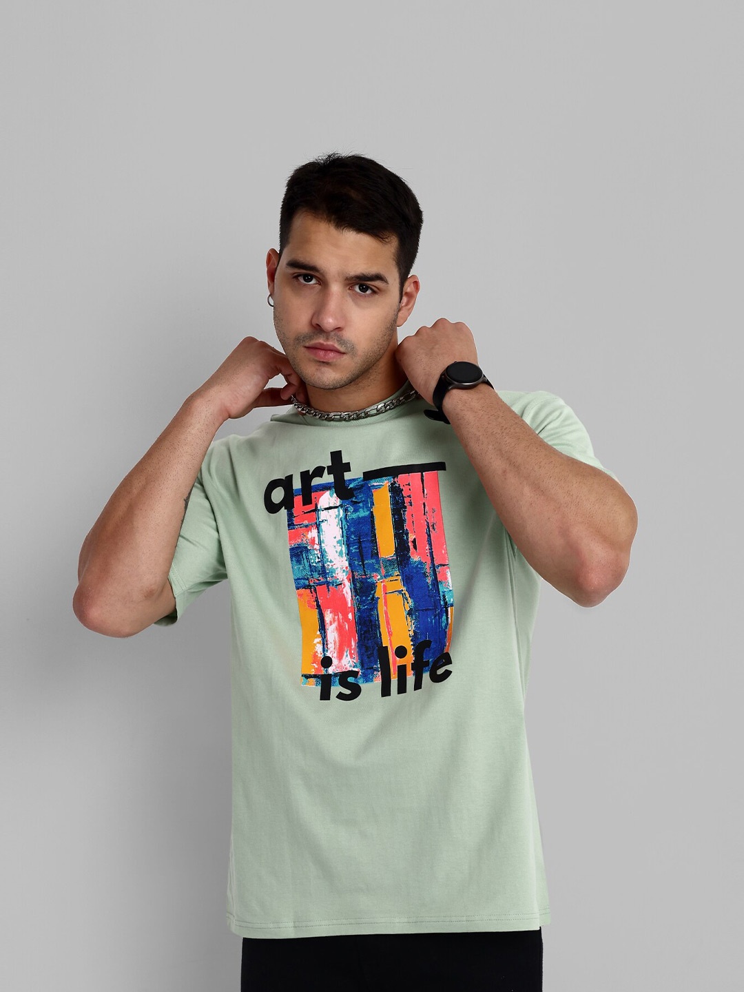 

TOMHIDDLE Pure Cotton Graphic Printed Oversized T-shirt, Olive