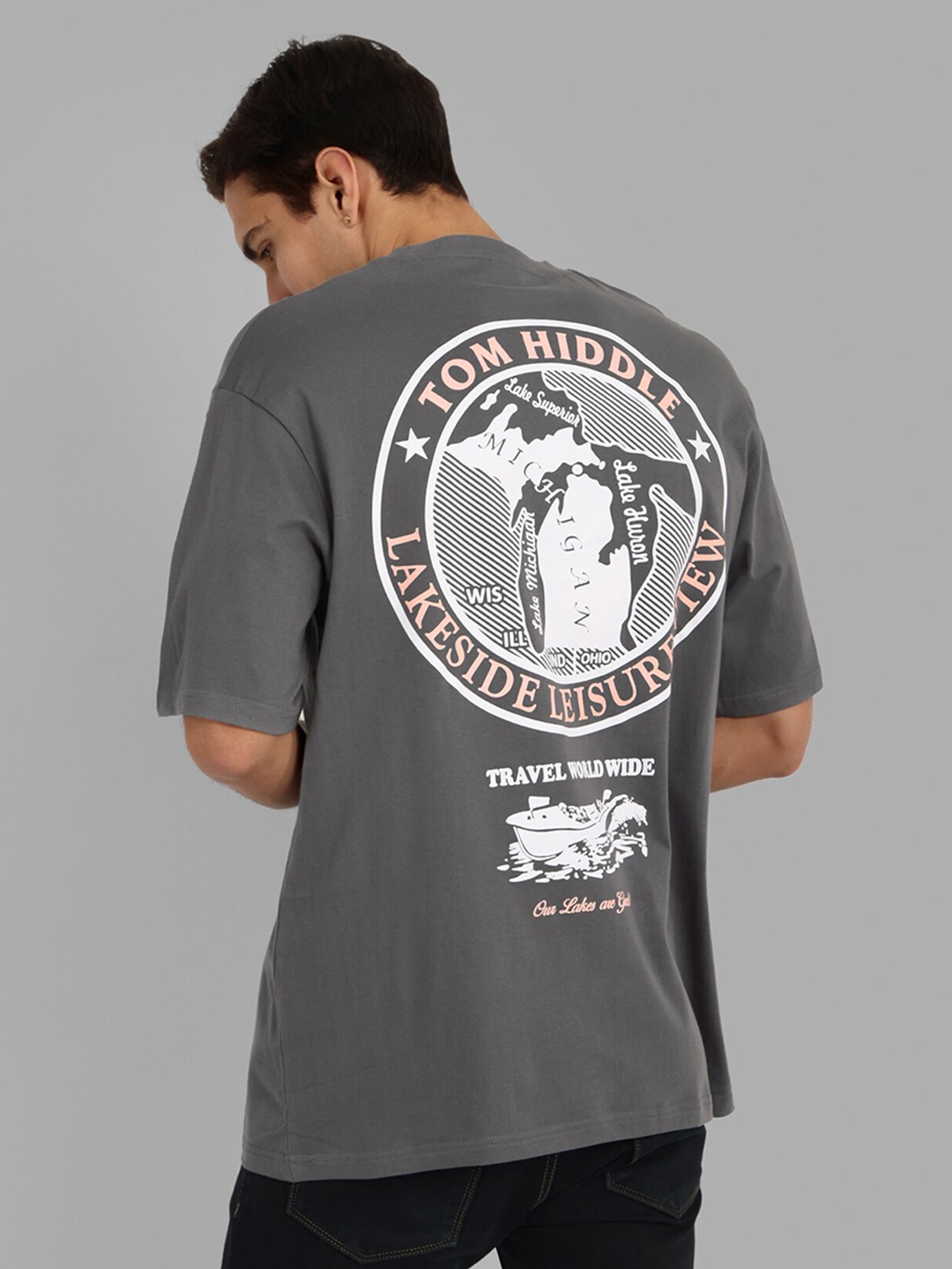 

TOMHIDDLE Pure Cotton Graphic Printed Oversized T-shirt, Grey