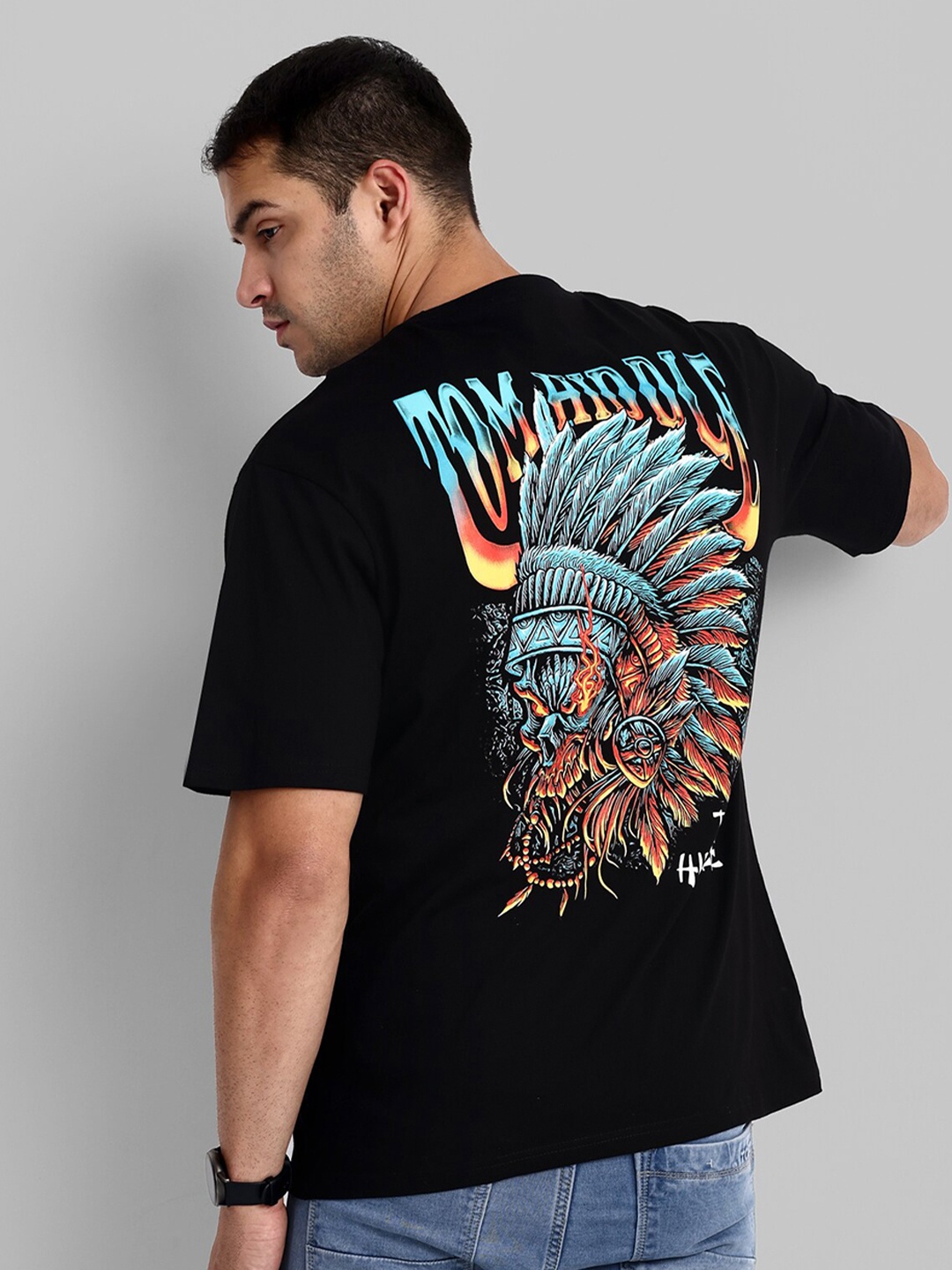 

TOMHIDDLE Graphic Printed Round Neck Short Sleeves Cotton Oversized T-shirt, Black
