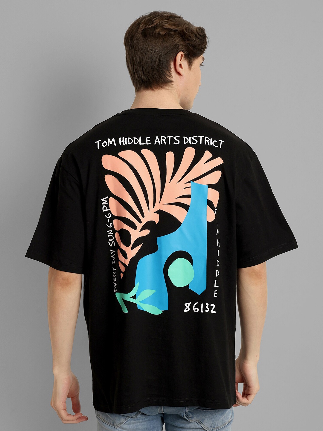 

TOMHIDDLE Graphic Printed Round Neck Short Sleeves Cotton Oversized T-shirt, Black