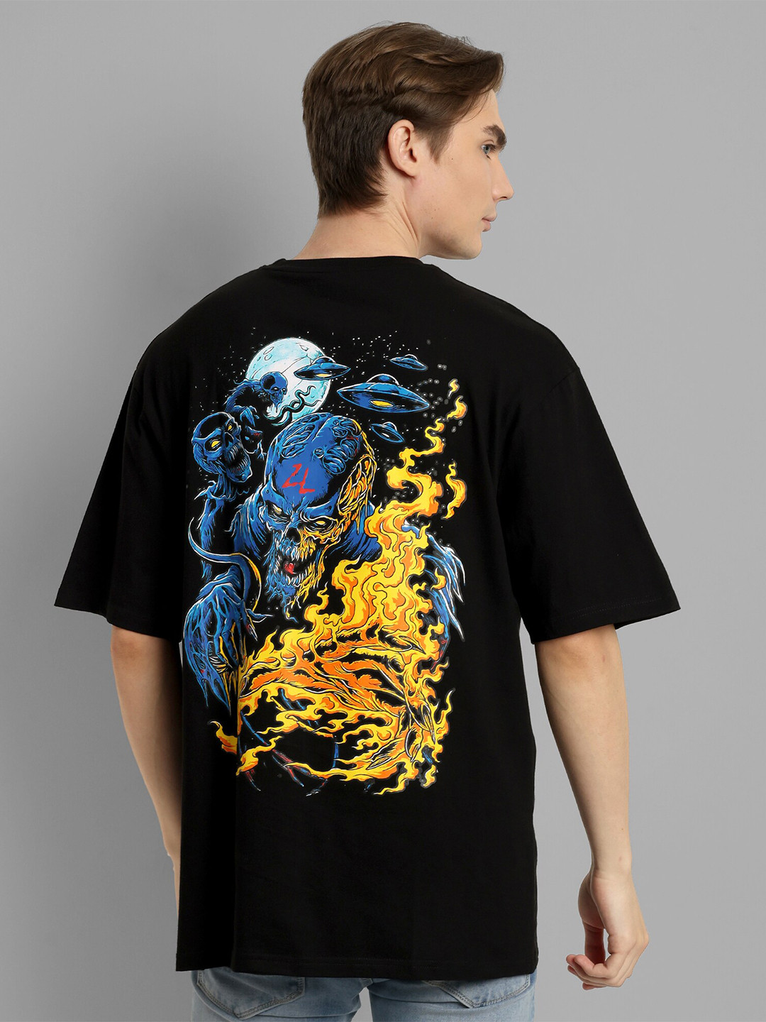 

TOMHIDDLE Men Printed Drop-Shoulder Sleeves Pure Cotton T-shirt, Black