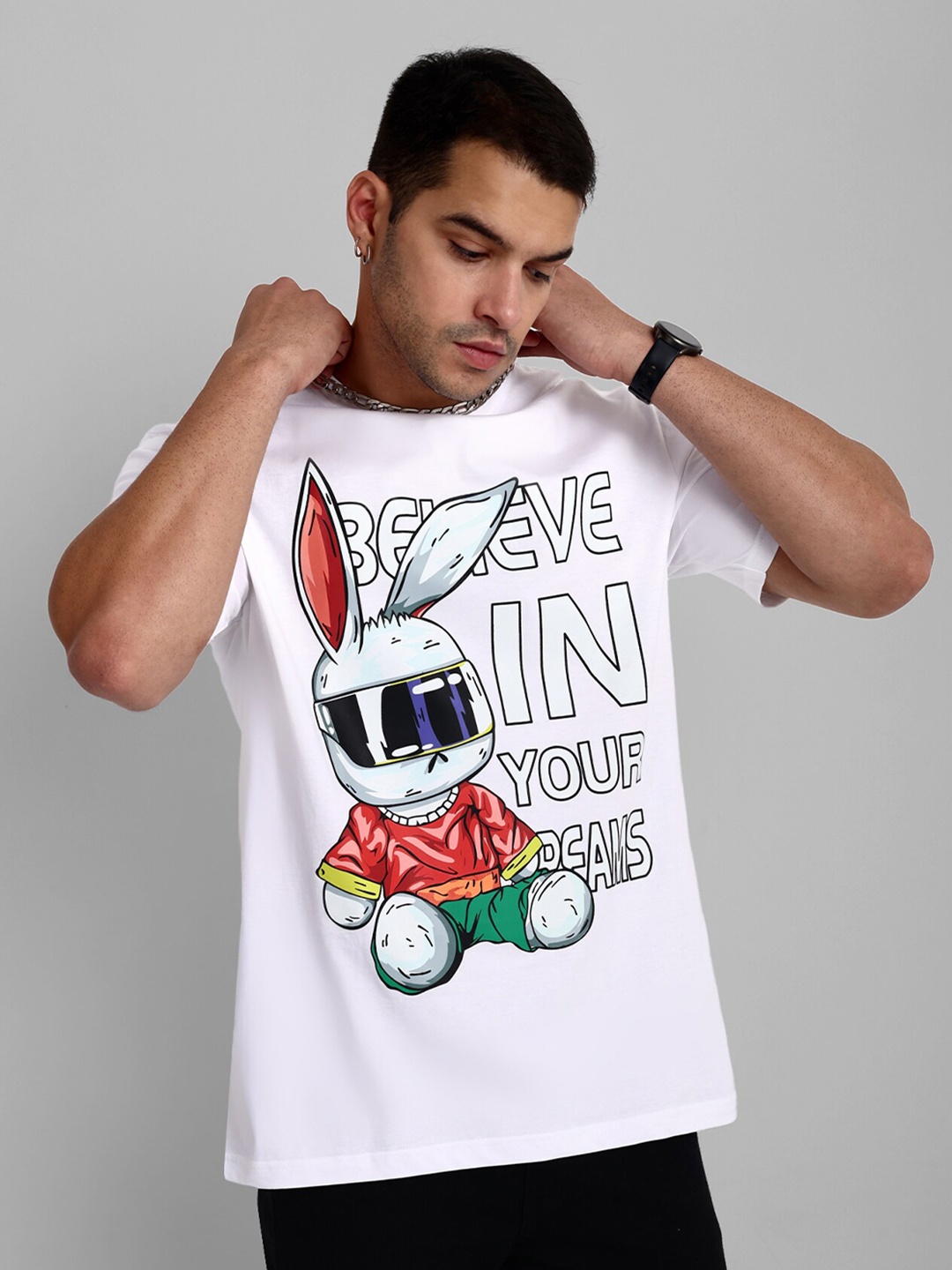 

TOMHIDDLE Men Cotton Printed Applique T-shirt, White