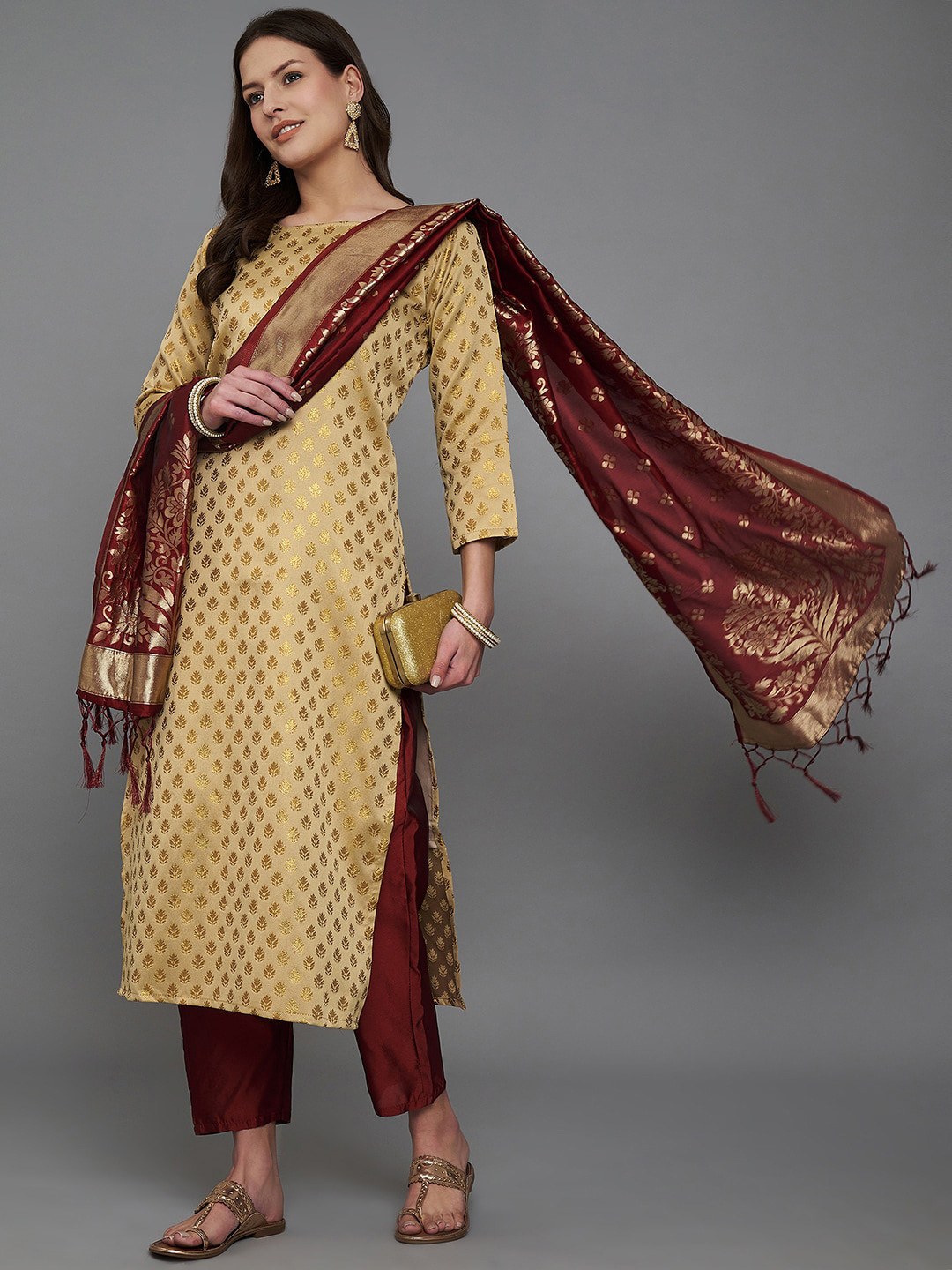 

VredeVogel Floral Woven Design Zari Kurta With Trousers & Dupatta, Beige