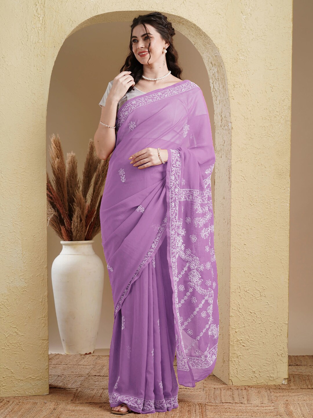 

ADA Floral Embroidered Lucknowi Chikankari Saree, Lavender