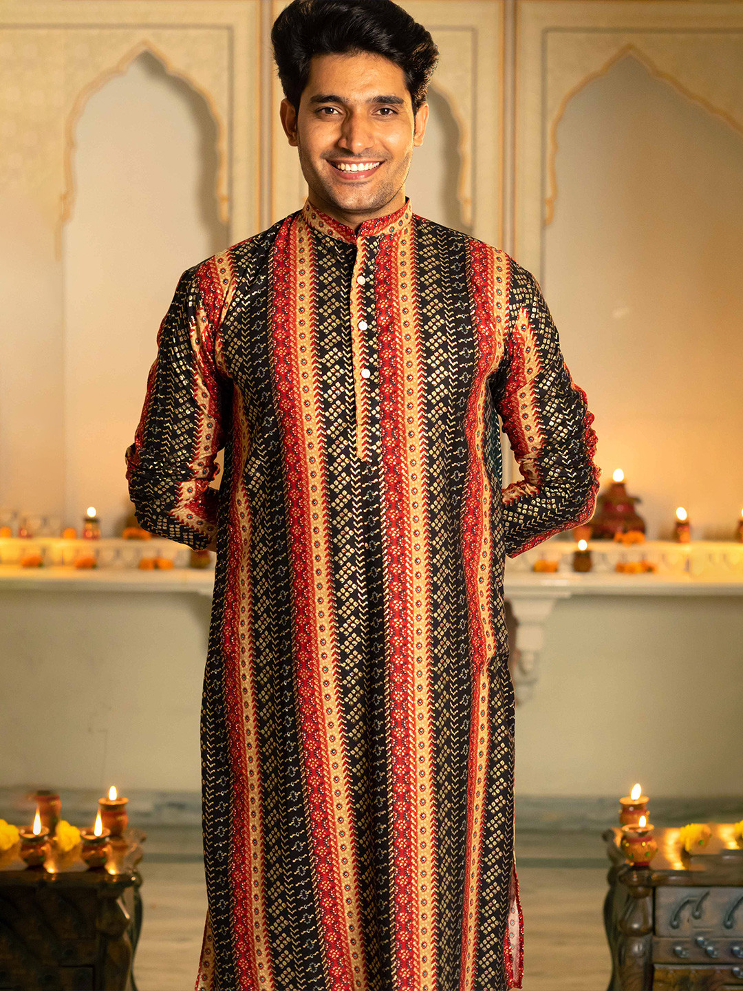

Shasak Men Ethnic Motifs Flared Sleeves Thread Work Kurta, Black