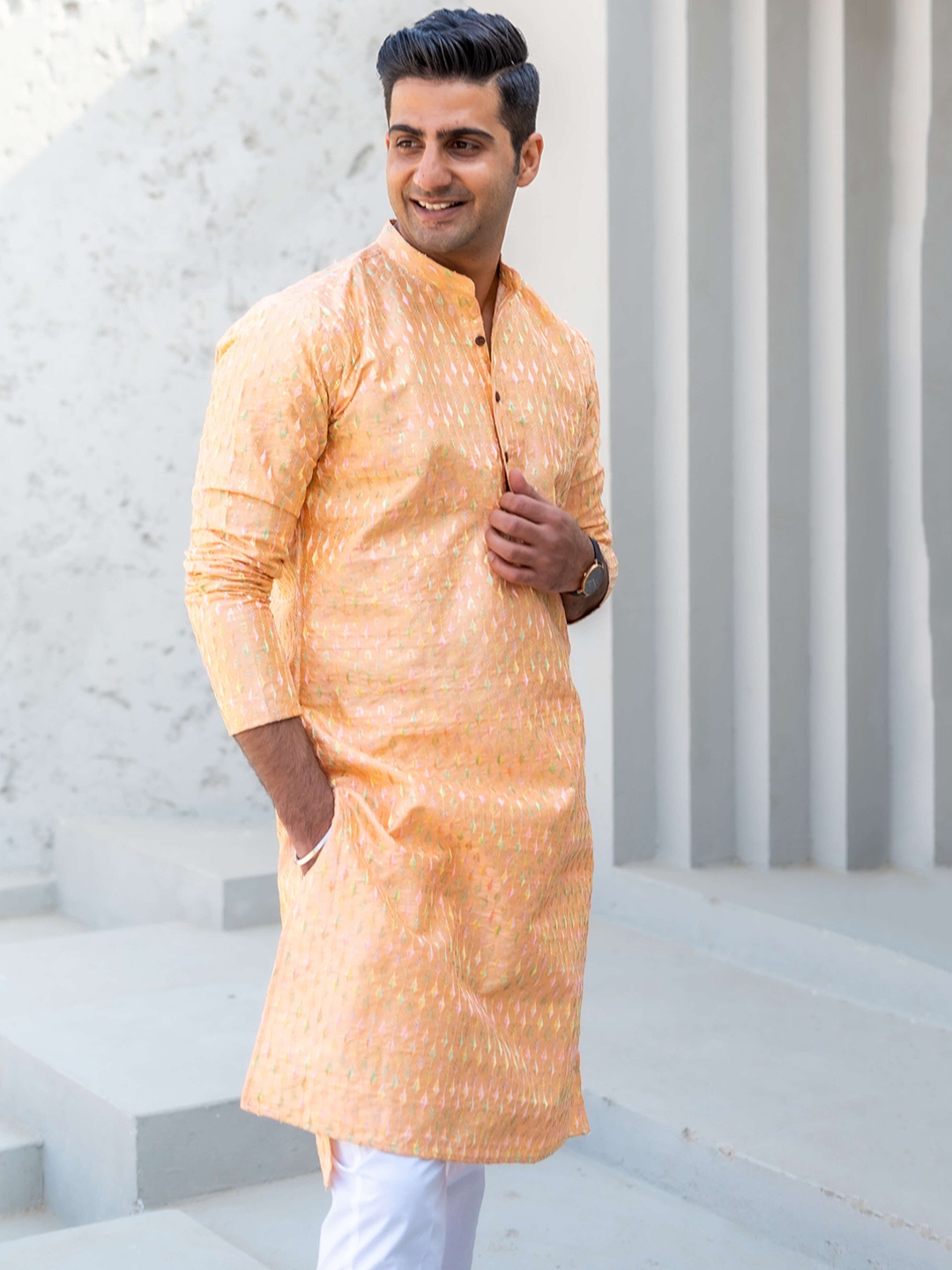 

Shasak Men Geometric Thread Work Pathani Kurta, Orange
