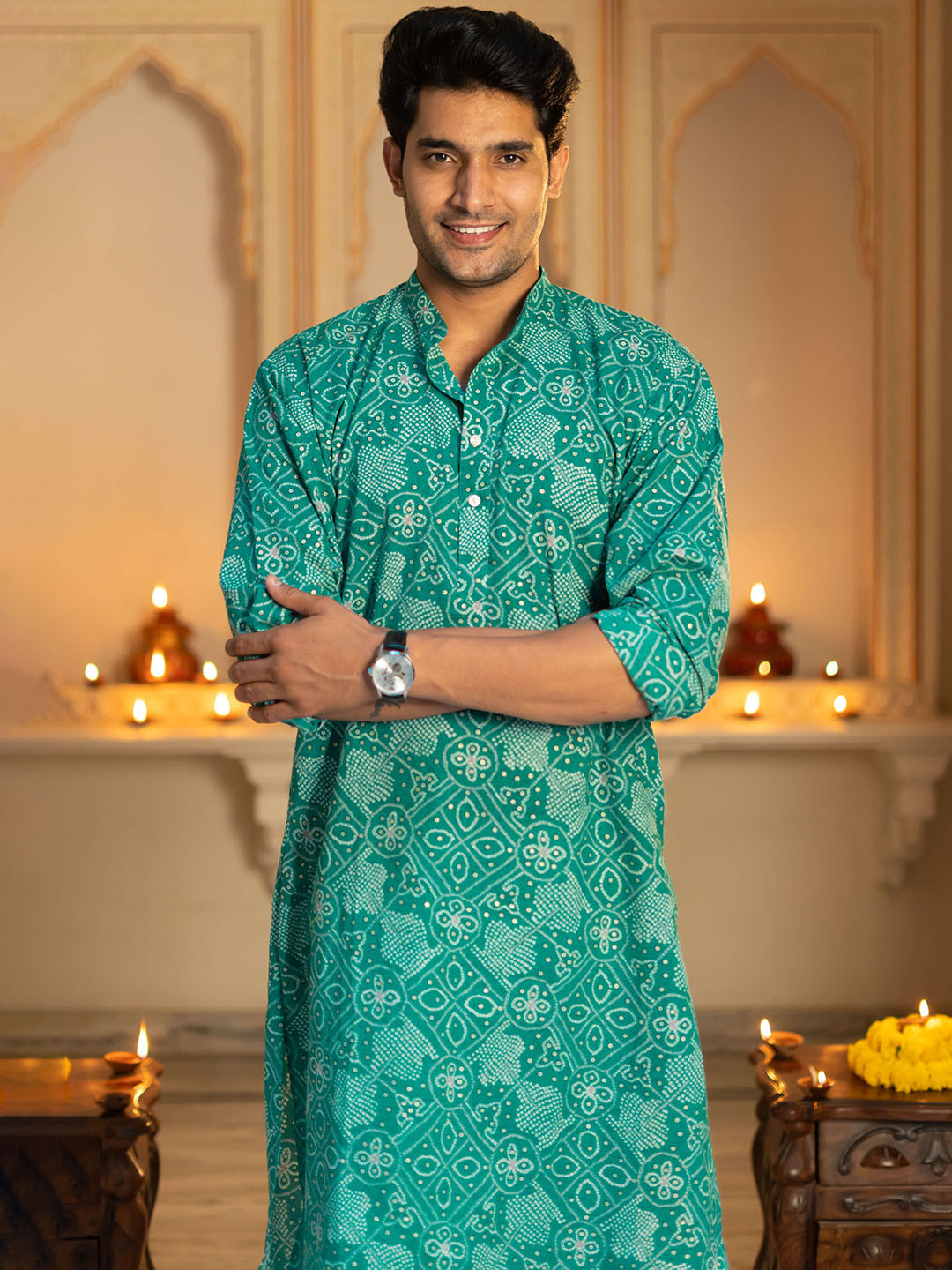 

Shasak Men Ethnic Motifs Printed Gotta Patti Kurta, Sea green