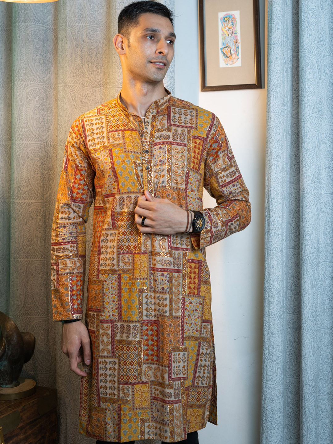 

Shasak Ethnic Motifs Printed Cotton Sraight Kurta, Yellow