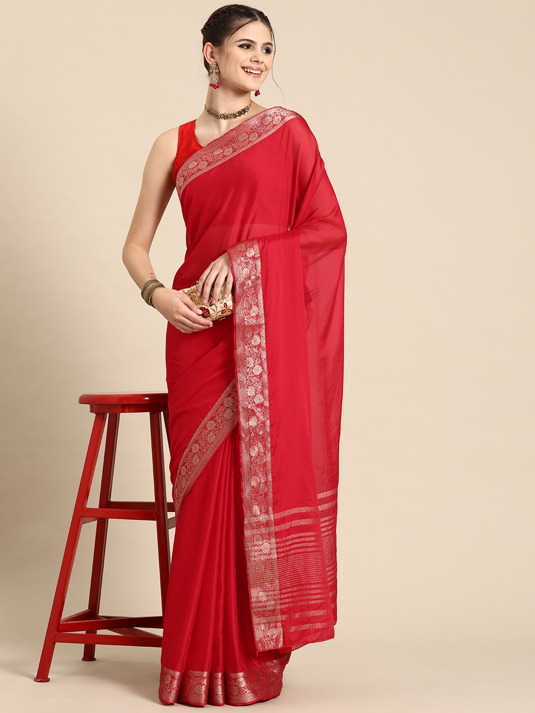 

Silk Land Pure Viscose Chinon Zari Banarasi Saree, Red