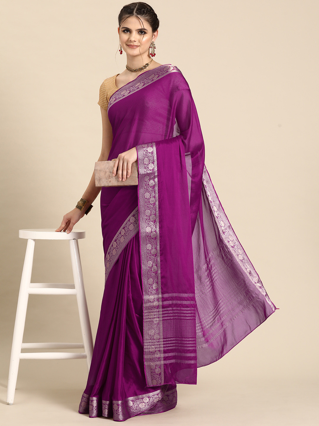 

Silk Land Pure Viscose Chinon Zari Banarasi Saree, Purple