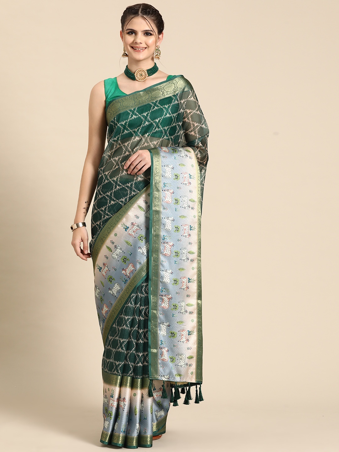 

Silk Land Printed Zari Kanjeevaram Saree, Green