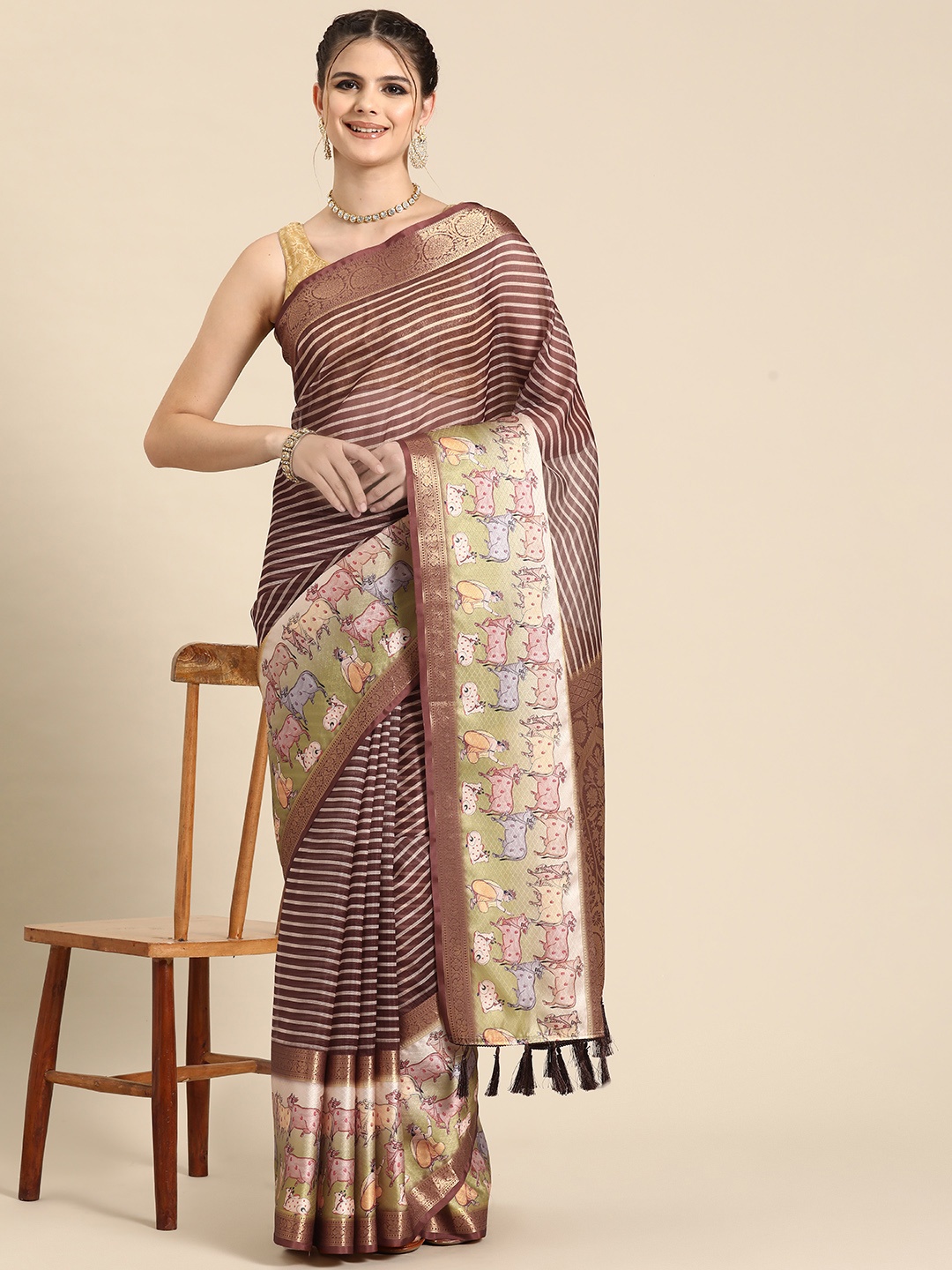 

Silk Land Striped Zari Kanjeevaram Saree, Maroon