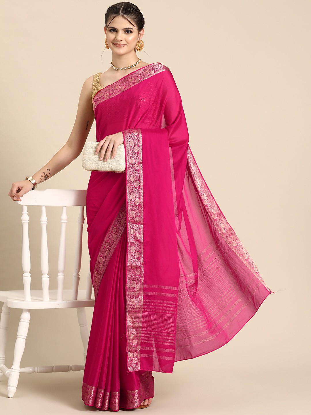 

Silk Land Pure Viscose Chinon Zari Banarasi Saree, Pink