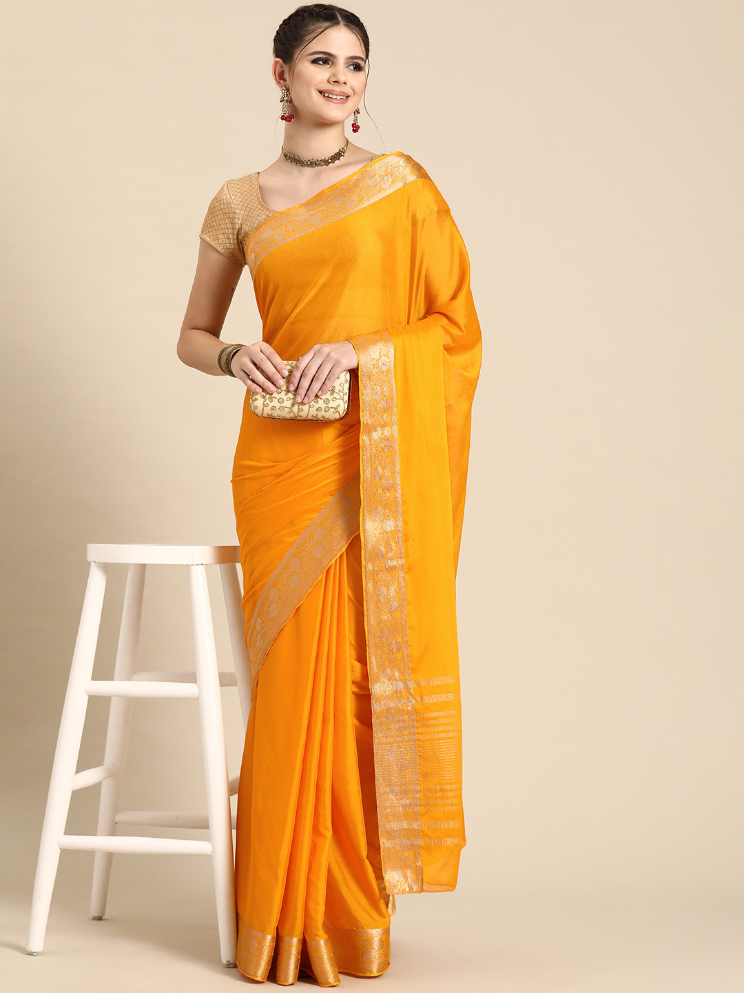 

Silk Land Pure Viscose Chinon Zari Banarasi Saree, Yellow