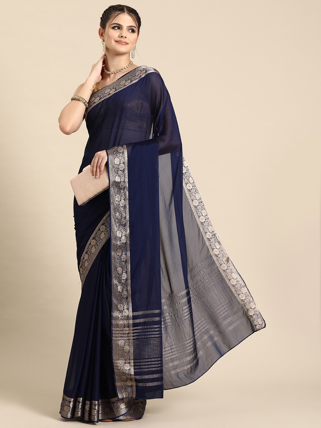 

Silk Land Pure Viscose Chinon Zari Banarasi Saree, Navy blue