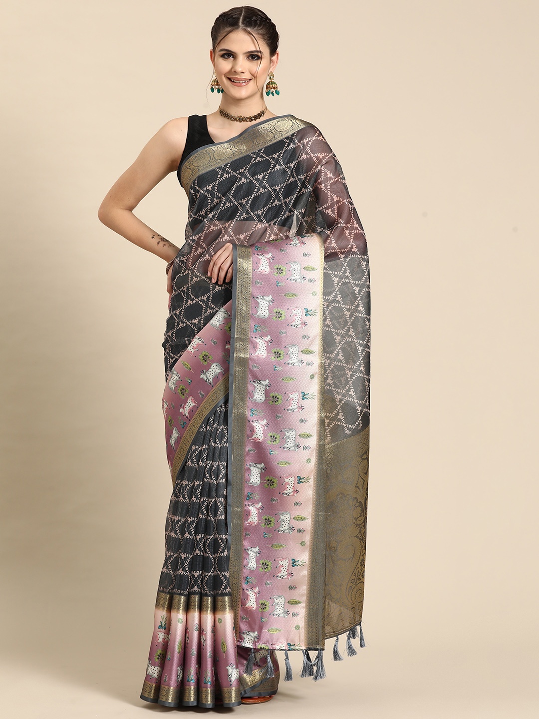 

Silk Land Printed Zari Kanjeevaram Saree, Grey