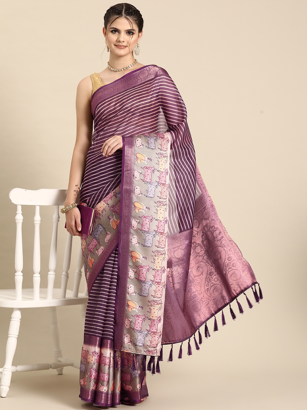 

Silk Land Striped Zari Kanjeevaram Saree, Purple